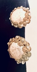 Vintage Miriam Haskell Brass Filigree Faux Pearl Clip On Earrings Mid Century