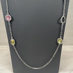 Lia Sophia Gumdrop silvertone necklace w/crystal stations in pink green & yellow