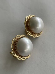 15.5mm Mabe Pearl 14K Yellow Gold Omega Back Estate Earrings 9.6 Grams