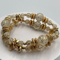Vintage Y2K Gold Tone Clear Frosted Lucite Beaded Multi Layer Wrap Cuff Bracelet