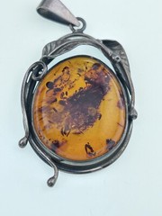 Natural Baltic Amber Organic Fossil 925 Silver Vintage Large Pendant Latvia 70s