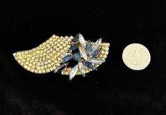 VTG 1950s Gold Tn Multi-Blue NAVETTE & AB Rhinestone SWAG SWOOP Pin Brooch 3.25″