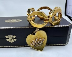 RARE Vintage Juicy Couture Large Link Crystal Crown Heart Charm Bracelet W/ Box