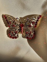 Vintage Gold Tone Red Rhinestone Butterfly Brooch In Great Condition