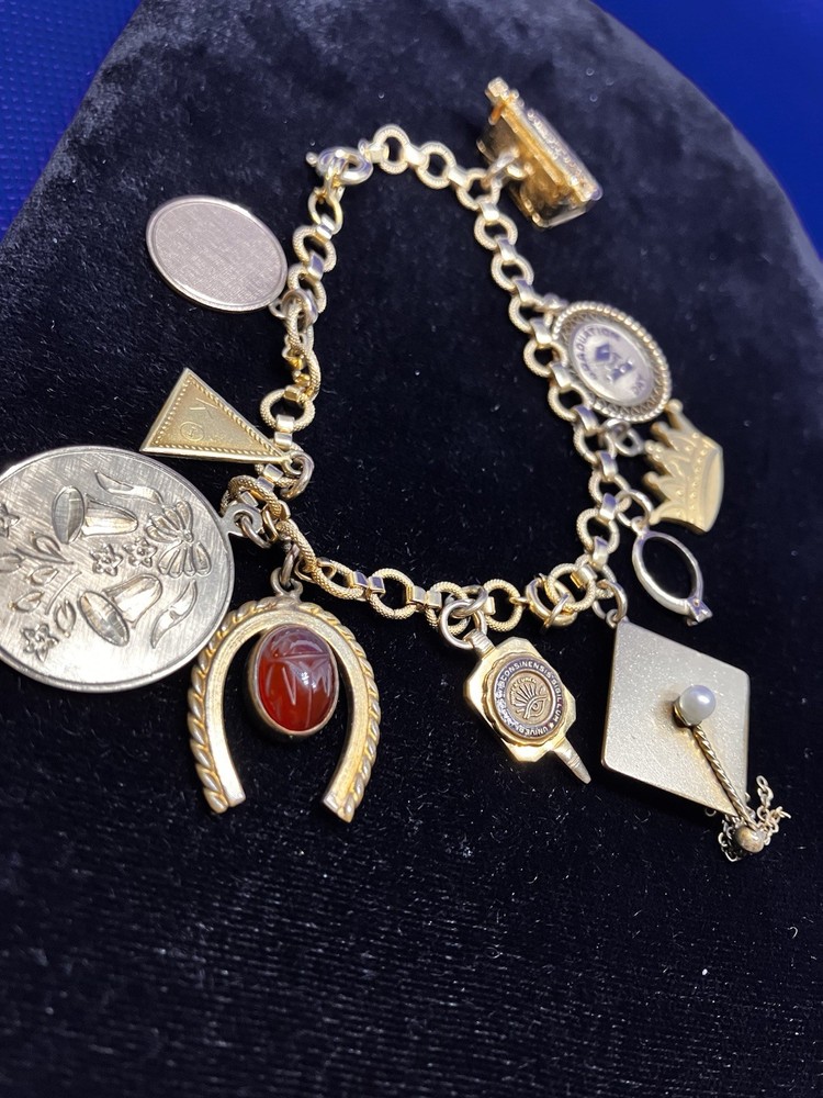 Vintage Story-Telling Charm Bracelet w/ 10 Charms HS College Sororities Wedding