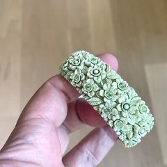 Vintage Bracelet Molded Plastic Green Celluloid Flower Rhinestone Clamper Hinged