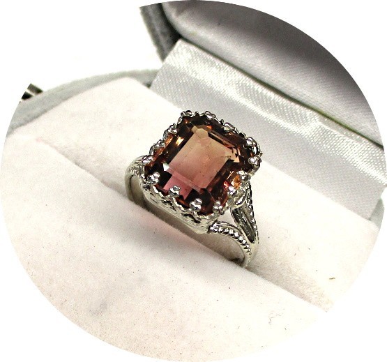 Lovely – Amber-Pink TOURMALINE Ring – Art Deco Filigree 14k Solid White Gold..