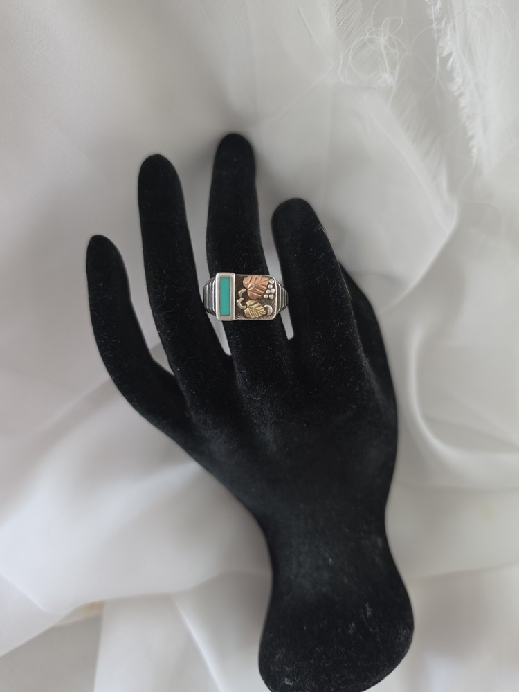 Coleman & Co. Inlay Turquoise Black Hills 12k Gold & Sterling Ring Size 8.75