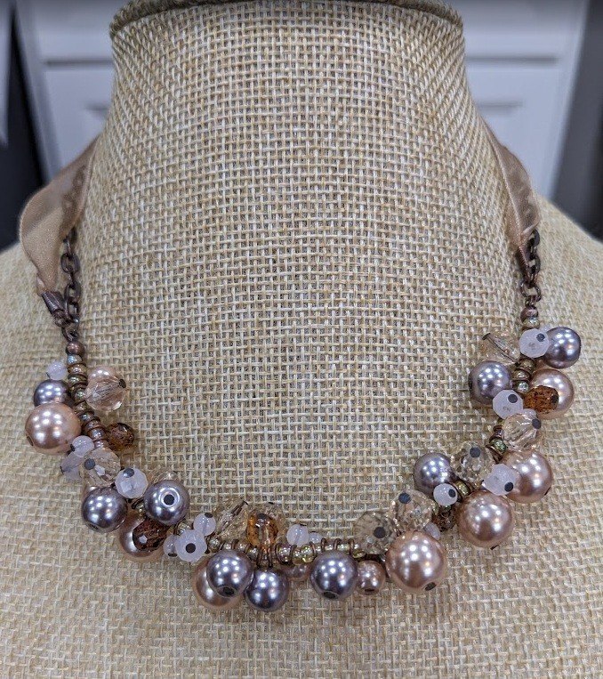 Vintage cookie lee multi strand cluster bib ribbon necklace FREE SHIPPING