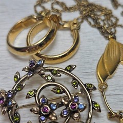 Monet Gold Charm Holder on Chain Braided Leather Hoop Earrings Rhinestone Brooch