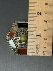 Vintage Miracle Scotland Brooch Pin Faux Agate Celtic Thistle Hexagon Gold Tone