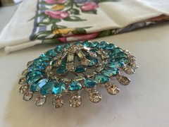 Rhinestone Brooch Domed Pin Round Circle Blue/Baguette Vintage Style Jewelry Xlg