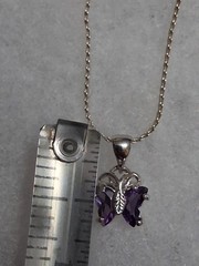 18K GP butterfly pendant necklace, purple stones, prong set, 18″