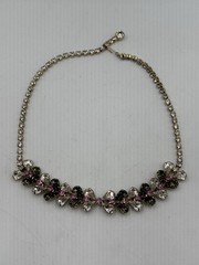 Vintage Clear Smoky Gray Pink Rhinestone Floral Necklace Unsigned