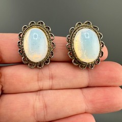 Vintage Opalite Necklace Earrings Set Silver Tone Scalloped Filigree Box Clasp