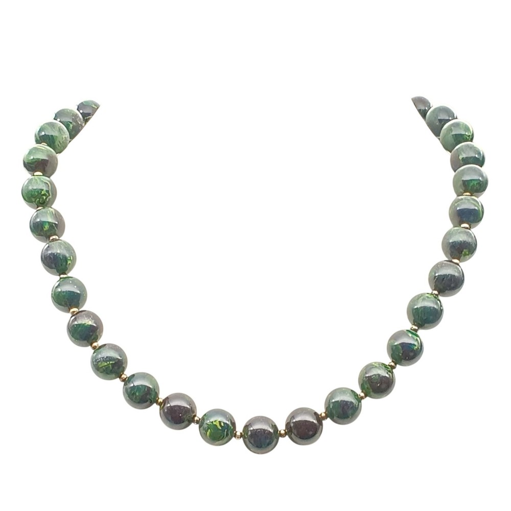Vintage Green Faux Jade Beaded Necklace with Gold-Tone Spacers, Plastic Choker S