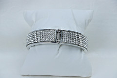 Silver Rhinestone Cuff Bracelet Faux Pearl Accent Hinged Statement Bangle