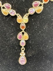 Faux Gemstone Glass Cabochon Lavaliere Necklace Purple Gold Vintage Jewelry 18in
