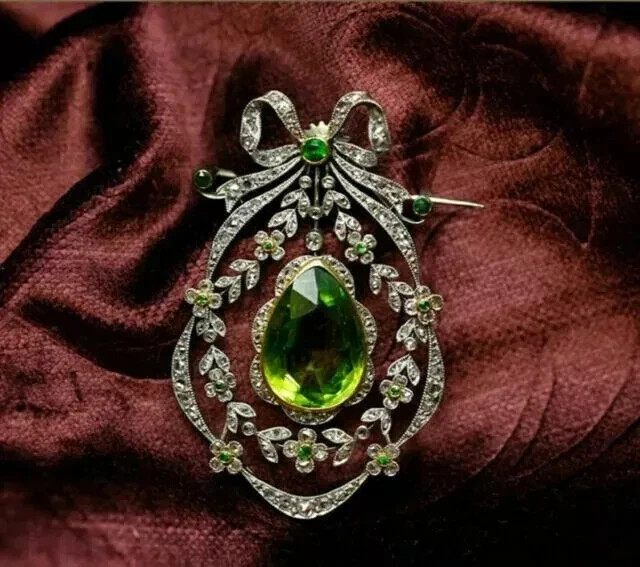 2.6Ct Pear Lab Created Peridot Diamond Women’s Brooch Pin 14K White Gold Plated