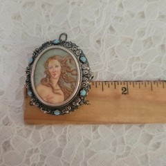 Antique 800 Silver Handpainted Lady Portrait Cameo Brooch Pendant Turquoise Cabs