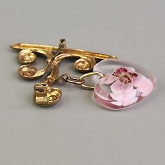 Vintage Dried Pink Flower Brooch Heart Dangle Gold Plated Bracket 1.25″