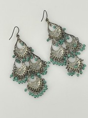 Vintage Filigree Chandelier Earrings Silver Tone Turquoise Beads 3.5in
