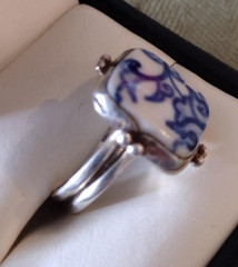 Vintage porcelain blue/white sterling silver ring sz 7