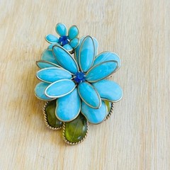 VTG Estate W. Germany Pin Brooch Blue Flower Rhinestone Celluloid Large Signed