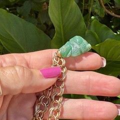 Vintage Double Link 12K 1/20 Gold Filled Green Carved Stone Charm Bracelet