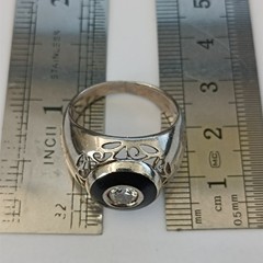 Chunky Silver Signet Ring Black Enamel Crystal Vintage Statement Domed Men Women