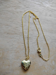 Gold Heart Locket necklace etched flower 14K gold plated chain Retro Vintage