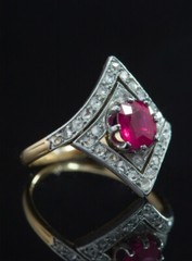 Art Deco Style Kite Cut Two Tone Ring 2 Ct Lab Created Ruby 14k Yellow Gold Over