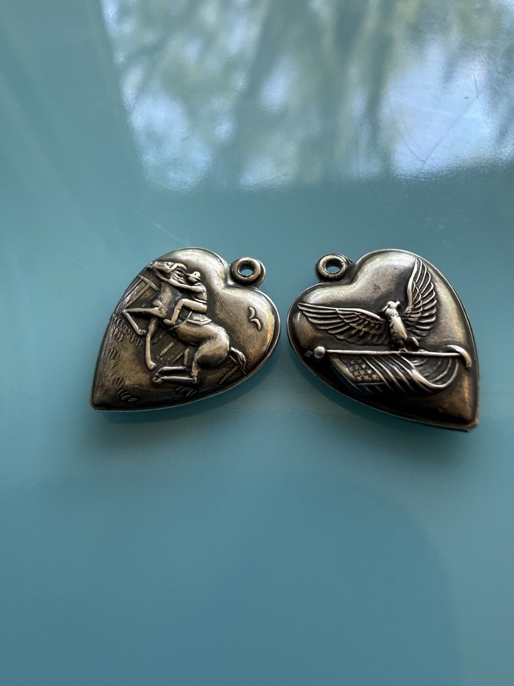 Vintage WWII Sterling Silver Eagle American Flag Jockey Puffy Heart Charm 1.9g
