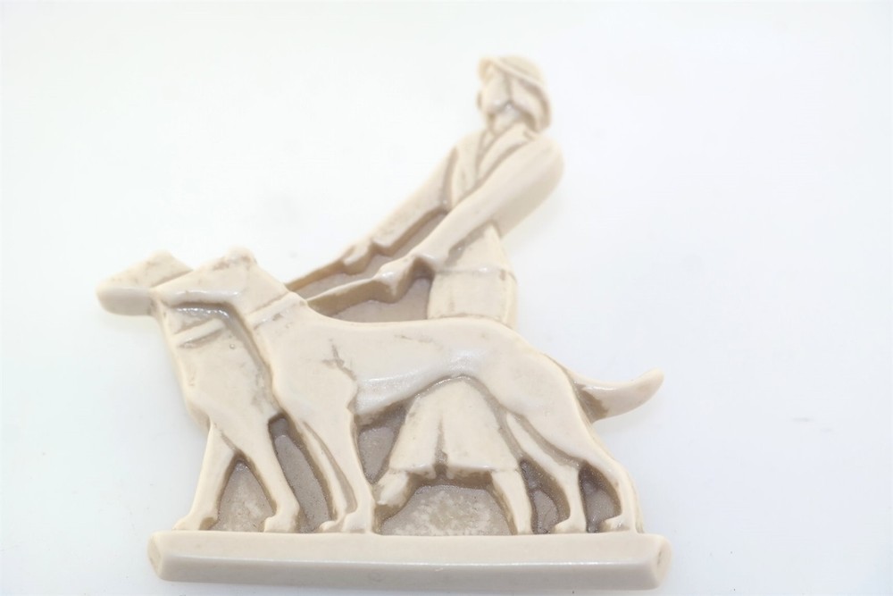 Retro Vtg White Plastic Woman Walking 2 Dogs Figural Pin Brooch
