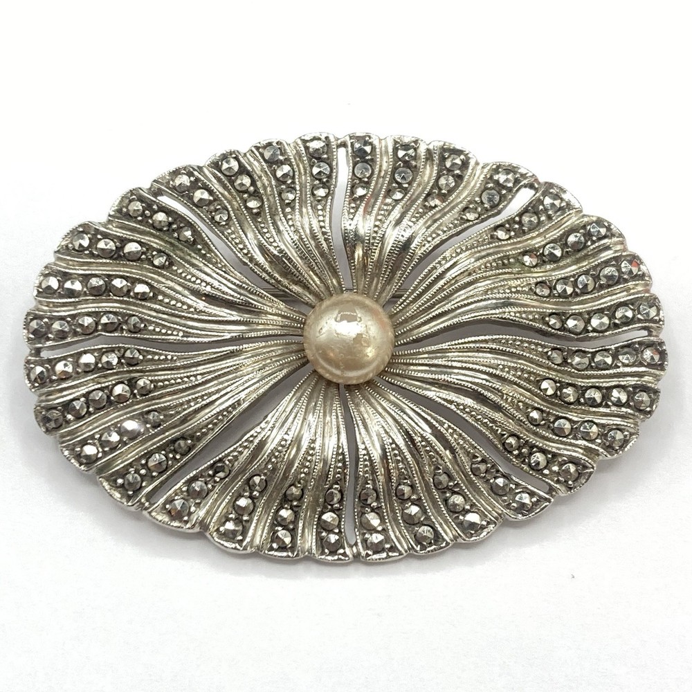 21.8 Grams Antique Art Deco 935 Sterling Silver Marcasite Floral Brooch Pin