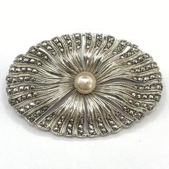 21.8 Grams Antique Art Deco 935 Sterling Silver Marcasite Floral Brooch Pin