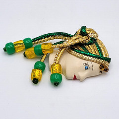 Lady Face Hand Painted Resin Braided Bead Long Hair Art Deco Revival Brooch Pin