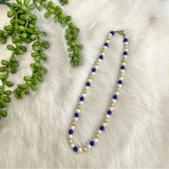 Vintage Faux Pearl Necklace White Blue Gold