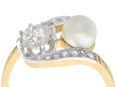 1.07 Ct Diamond and Natural Saltwater Pearl 18k Yellow Gold Twist Ring Antique