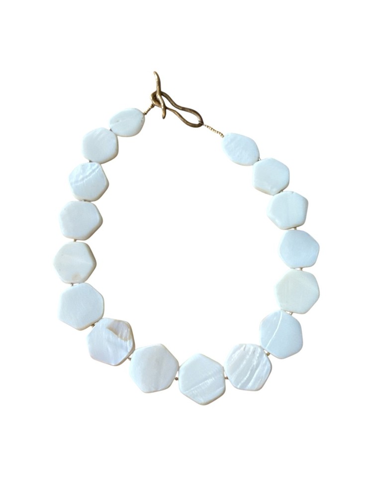 Vintage MOP White Stone Beaded Necklace Flat Hexagon Beads Gold Tone Clasp