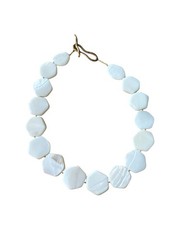 Vintage MOP White Stone Beaded Necklace Flat Hexagon Beads Gold Tone Clasp