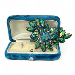 Vintage 1950s Peacock AB Emerald Rhinestone Brooch Silver Tone Marquise Chaton