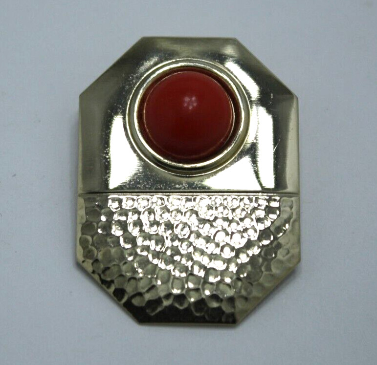 Vintage MCM Hammered Gold Tone Hammered Octagon Brooch Modern Red Cabochon
