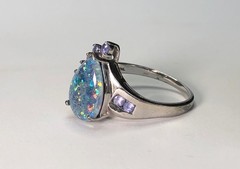 Vintage Estate BLACK-BLUE AUSTRALIAN FIRE OPAL & Tanzanites Sterling Silver Ring