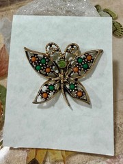 Butterfly Pin, Antique Gold-tone adorned with Faux Coral & Green Cabochons