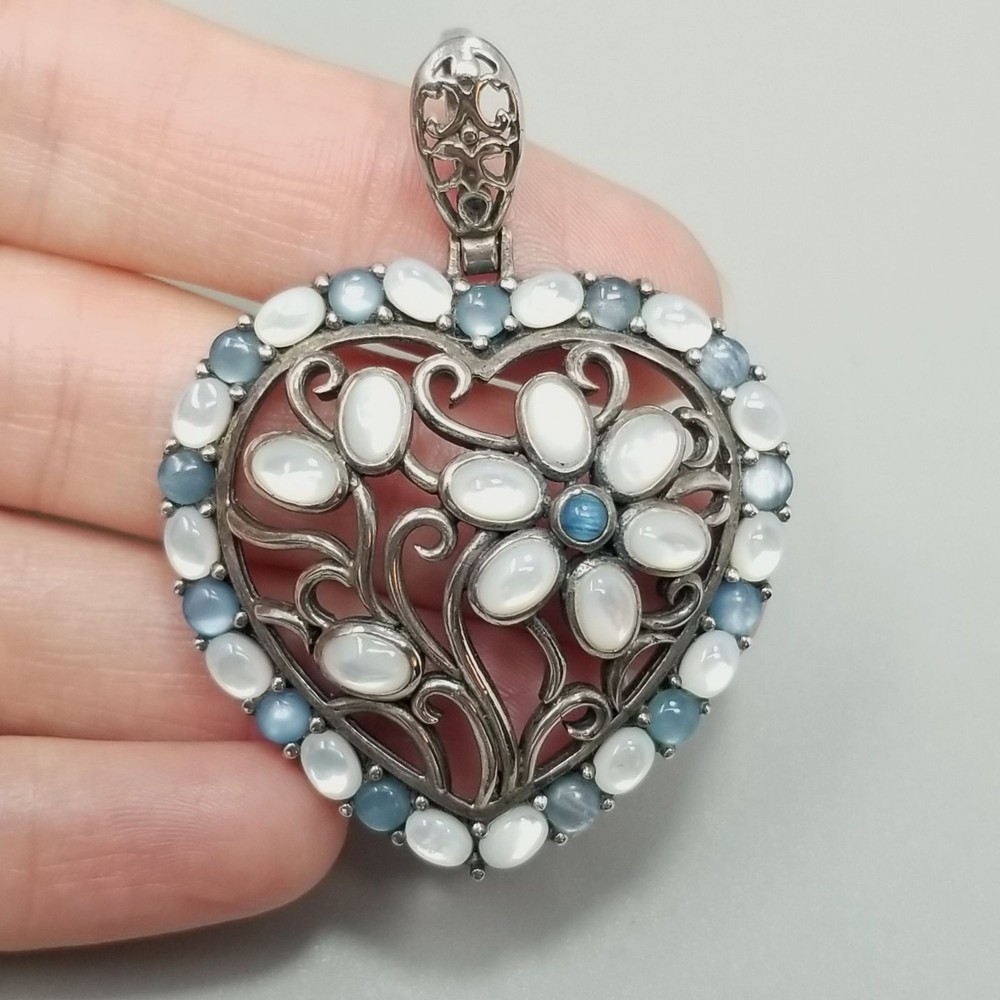 Vintage Sterling Silver Floral Heart Pendant Blue Glass Cabochon Filigree 2 Inch