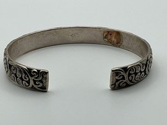 VTG Signed Chinese Good Karma Floral Chased Cuff Bracelet Sterling Silver 36g