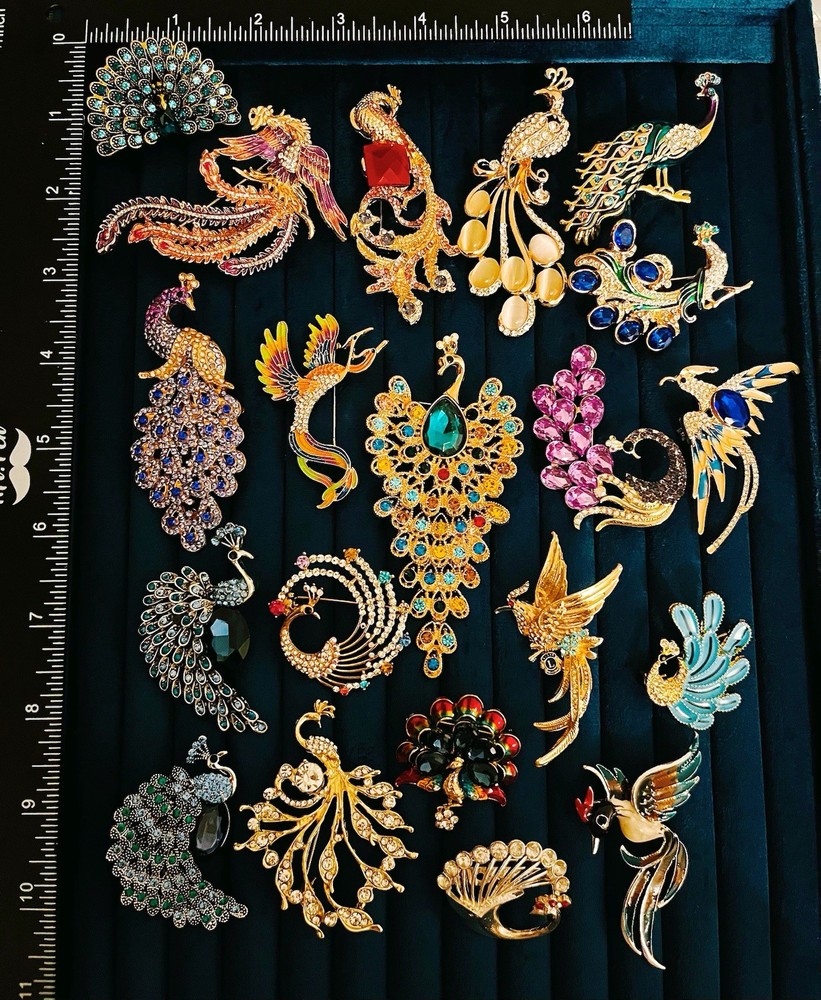 Lot of 20 Peacock Phoenix Bird Brooches Mixed Crystal Enamel Animal Pins