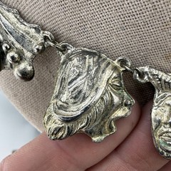 Vintage Peruvian Art Necklace Faces Figural Silver Tone 16”