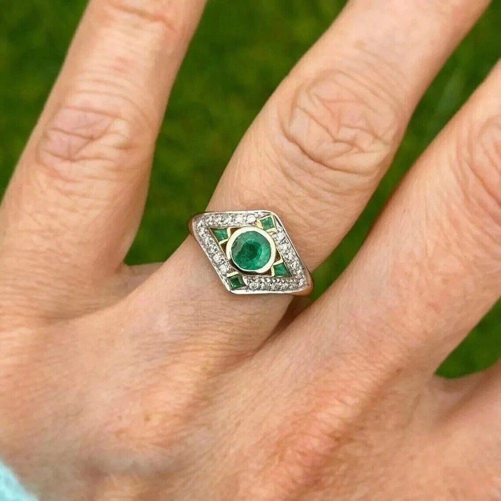 Art Deco Vintage Round Cut Lab Created Emerald & Diamond Wedding 925 Silver Ring